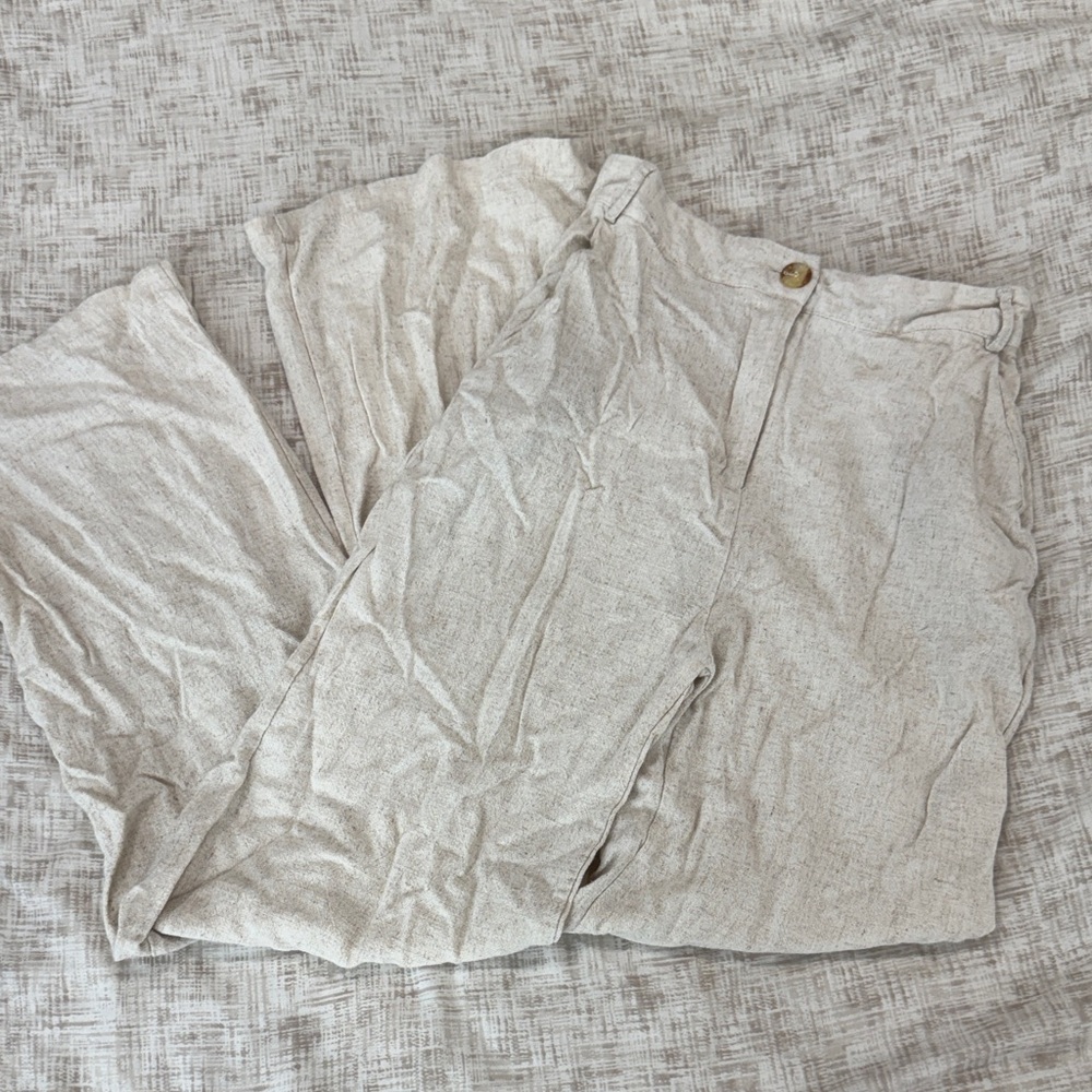Biege Wide-Leg Linen Pants